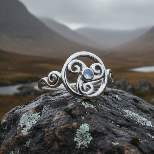 Celtic Spiral Ring, Moonstone Jewelry, Irish Ring, Triskele Jewelry, Celtic Jewelry, Anniversary Gift, Wiccan Jewelry, Wife Gift, Mom Gift
