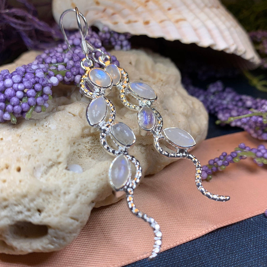 Moonstone Earrings, Moon Jewelry, Celtic Jewelry, Long Drop Earrings, Anniversary Gift, Mom Gift, Wiccan Jewelry, June Birthstone, Silver