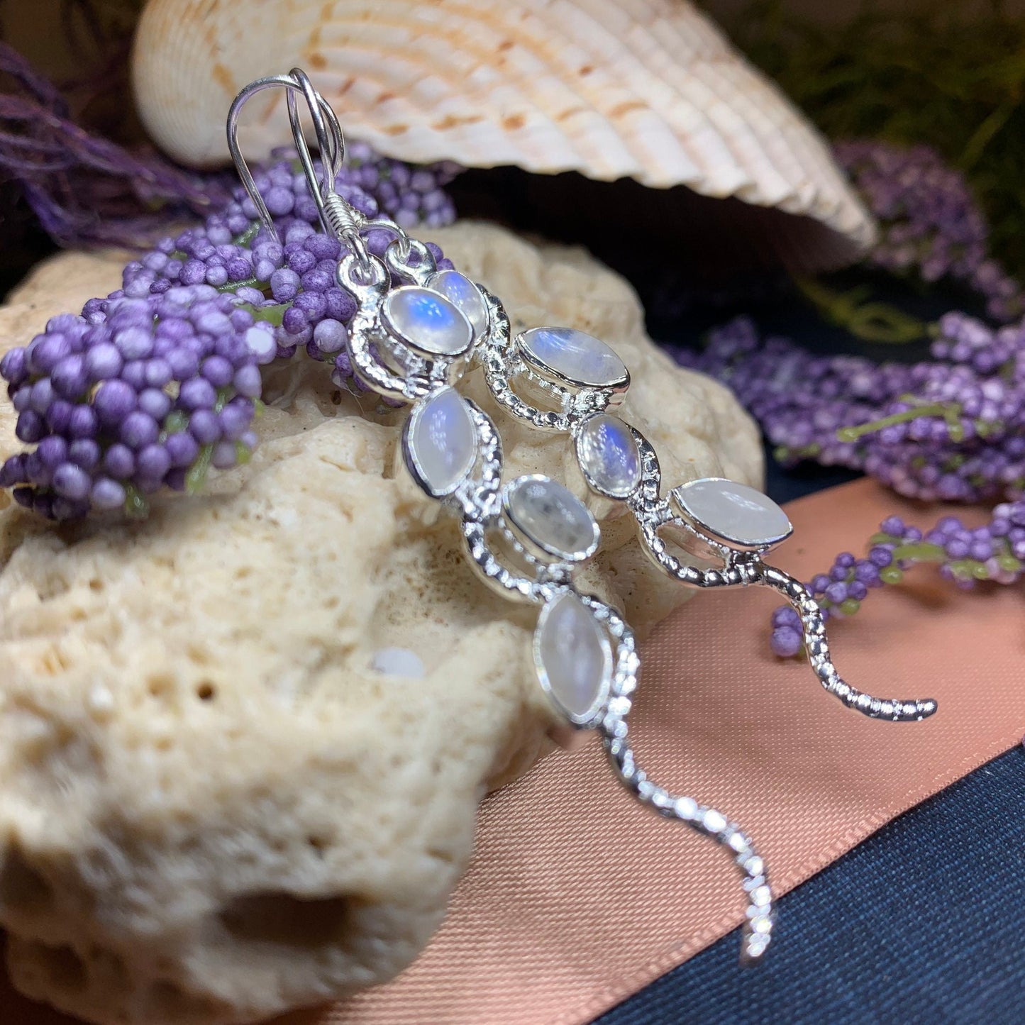 Moonstone Earrings, Moon Jewelry, Celtic Jewelry, Long Drop Earrings, Anniversary Gift, Mom Gift, Wiccan Jewelry, June Birthstone, Silver