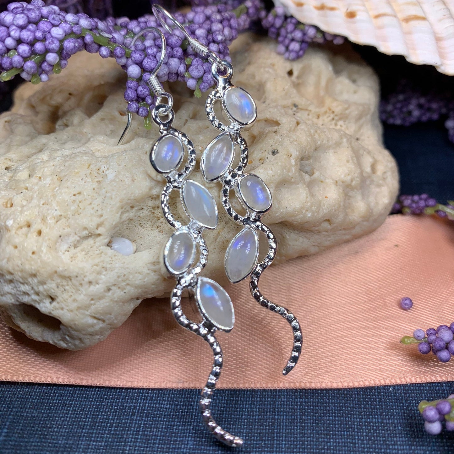 Moonstone Earrings, Moon Jewelry, Celtic Jewelry, Long Drop Earrings, Anniversary Gift, Mom Gift, Wiccan Jewelry, June Birthstone, Silver