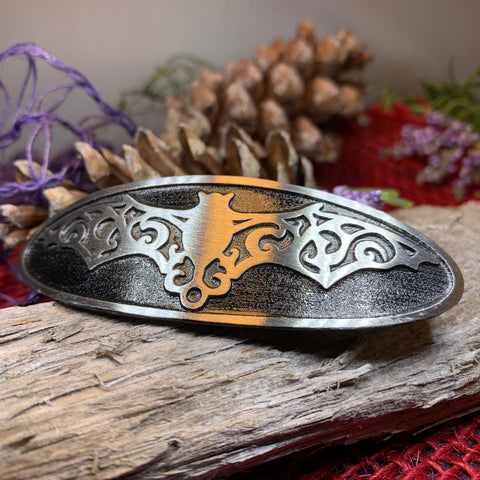 Load image into Gallery viewer, Gothic Bat Hair Clip, Celtic Barrette, Pewter Hair Slide, Victorian Clip, Friendship Gift, Celtic Hair Slide, Norse Jewelry, Animal Barrette
