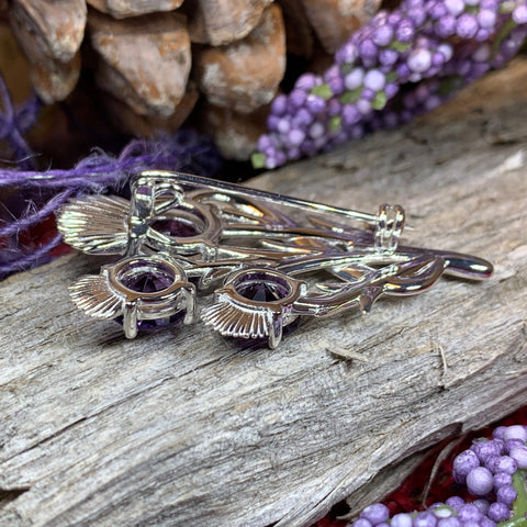 Load image into Gallery viewer, Thistle Brooch, Scotland Jewelry, Outlander Jewelry, Bridal Brooch, Thistle Jewelry, Scottish Jewelry, Celtic Brooch, Amethyst Silver Pin
