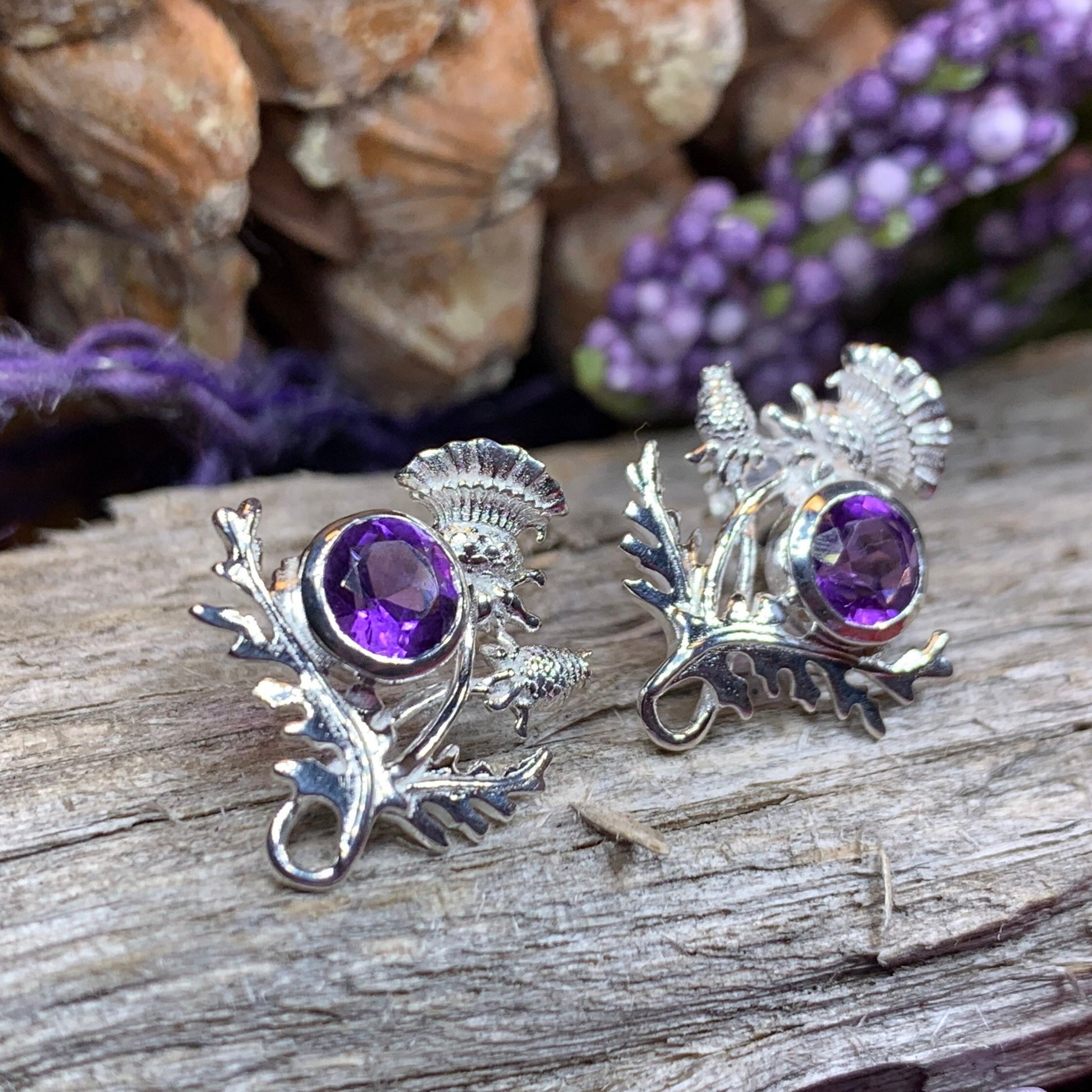 Thistle Earrings, Celtic Jewelry, Scotland Jewelry, Outlander Gift, Nature Jewelry, Thistle Jewelry, Amethyst Jewelry, Wife Gift, Mom Gift
