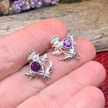 Load image into Gallery viewer, Thistle Earrings, Celtic Jewelry, Scotland Jewelry, Outlander Gift, Nature Jewelry, Thistle Jewelry, Amethyst Jewelry, Wife Gift, Mom Gift
