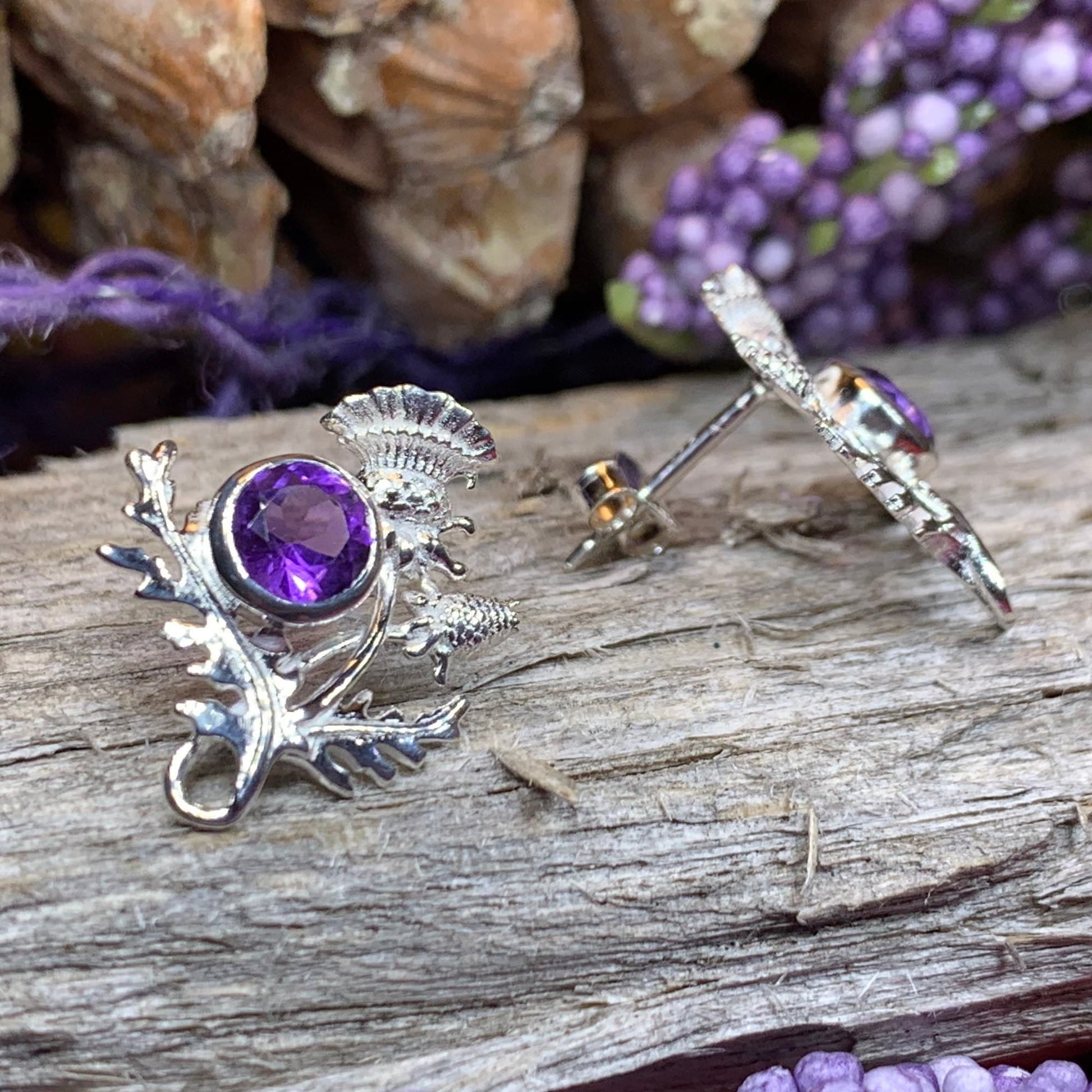 Thistle Earrings, Celtic Jewelry, Scotland Jewelry, Outlander Gift, Nature Jewelry, Thistle Jewelry, Amethyst Jewelry, Wife Gift, Mom Gift