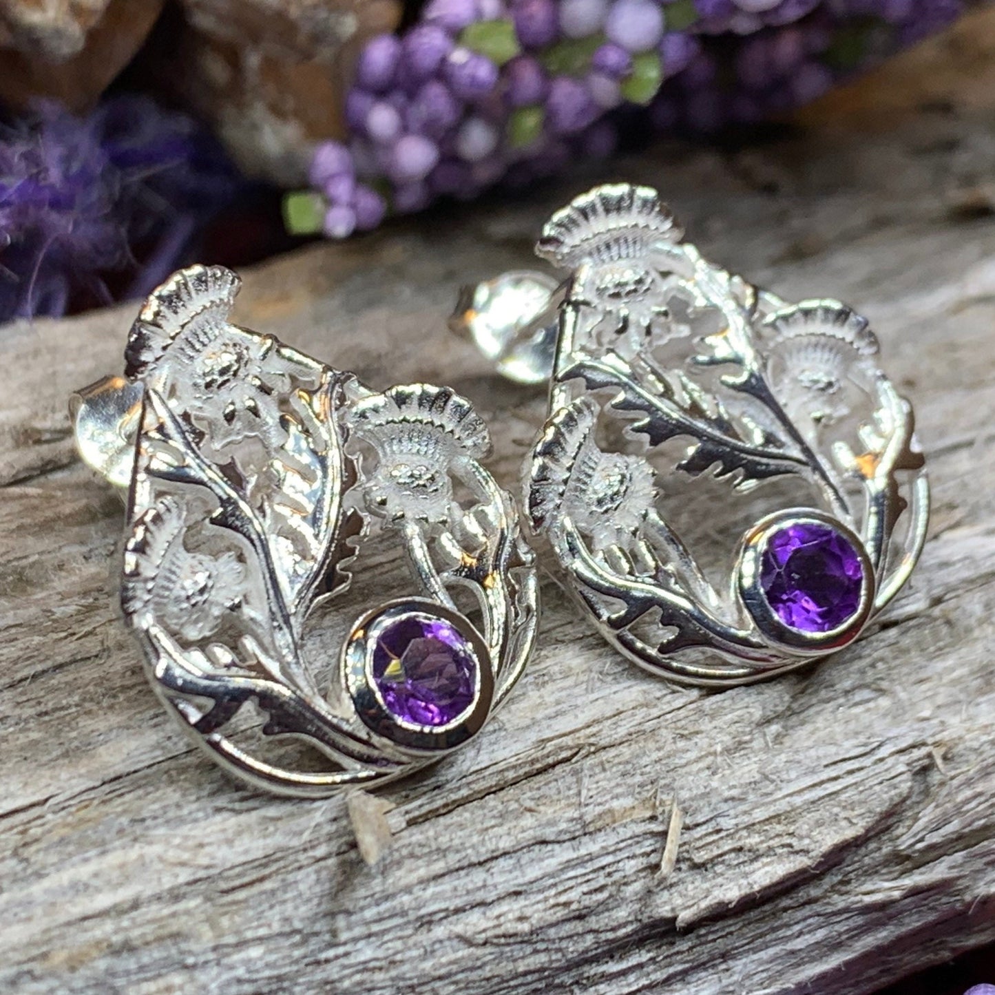 Thistle Earrings, Celtic Jewelry, Scotland Jewelry, Outlander Gift, Nature Jewelry, Thistle Jewelry, Amethyst Jewelry, Wife Gift, Mom Gift
