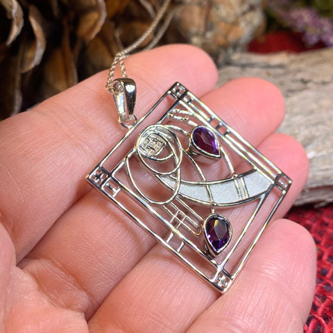 Load image into Gallery viewer, Mackintosh Necklace, Scottish Jewelry, Amethyst Pendant, Celtic Jewelry, Art Deco Pendant, Anniversary Gift, Scotland Necklace, Wife Gift
