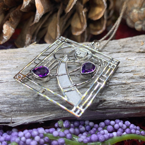 Load image into Gallery viewer, Mackintosh Necklace, Scottish Jewelry, Amethyst Pendant, Celtic Jewelry, Art Deco Pendant, Anniversary Gift, Scotland Necklace, Wife Gift
