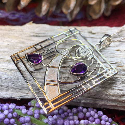 Load image into Gallery viewer, Mackintosh Necklace, Scottish Jewelry, Amethyst Pendant, Celtic Jewelry, Art Deco Pendant, Anniversary Gift, Scotland Necklace, Wife Gift
