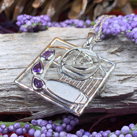 Load image into Gallery viewer, Mackintosh Necklace, Scottish Jewelry, Amethyst Pendant, Celtic Jewelry, Art Deco Pendant, Anniversary Gift, Scotland Necklace, Wife Gift
