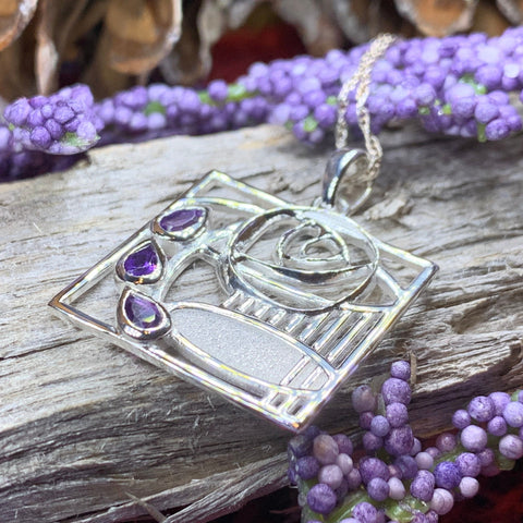 Load image into Gallery viewer, Mackintosh Necklace, Scottish Jewelry, Amethyst Pendant, Celtic Jewelry, Art Deco Pendant, Anniversary Gift, Scotland Necklace, Wife Gift
