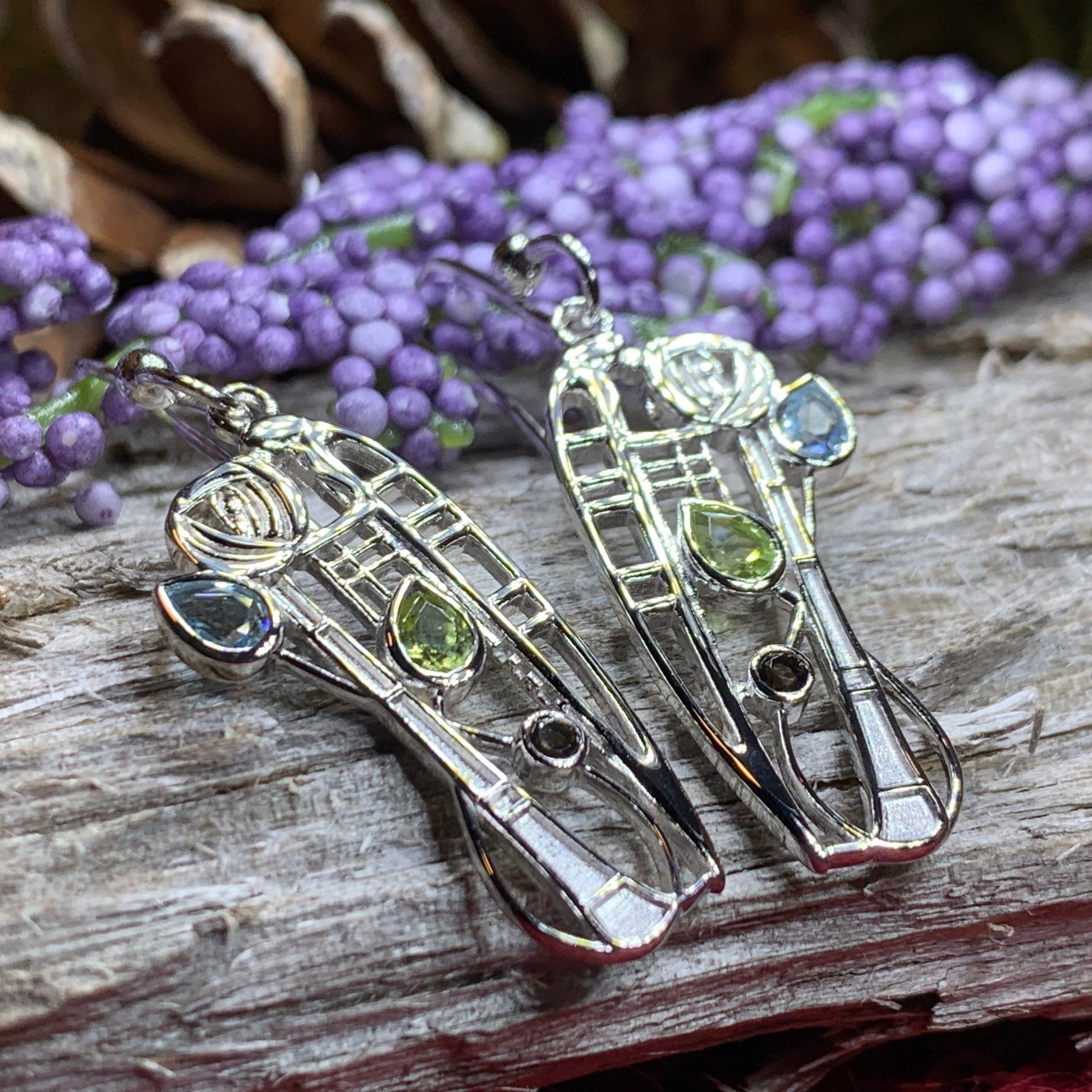 Mackintosh Earrings, Scotland Jewelry, Scottish Jewelry, Art Deco Jewelry, Anniversary Gift, Flower Earrings, Nature Jewelry, Peridot Gift