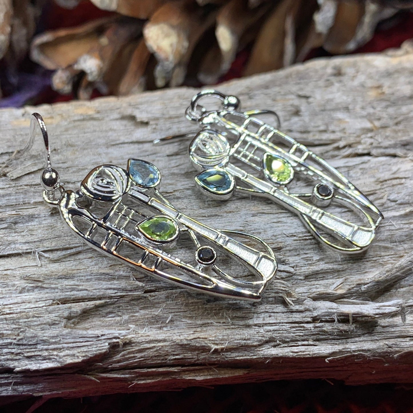 Mackintosh Earrings, Scotland Jewelry, Scottish Jewelry, Art Deco Jewelry, Anniversary Gift, Flower Earrings, Nature Jewelry, Peridot Gift