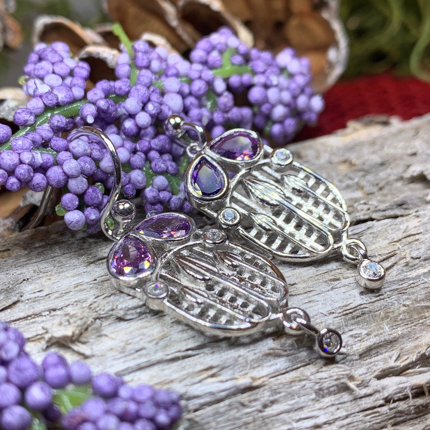 Mackintosh Earrings, Scotland Jewelry, Scottish Jewelry, Art Deco Jewelry, Anniversary Gift, Flower Earrings, Nature Jewelry, Amethyst Gift
