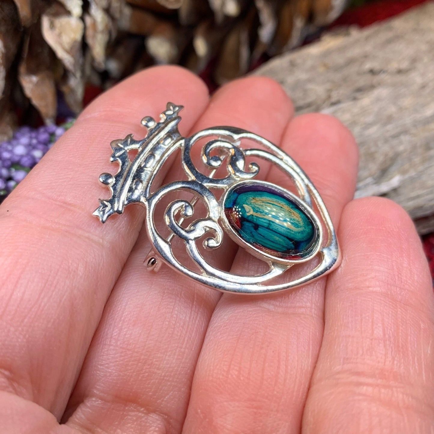Luckenbooth Brooch, Scotland Pin, Celtic Jewelry, Heathergem Brooch, Bridal Pin, Anniversary Gift, Outlander Gift, Heart Brooch, Bride Gift