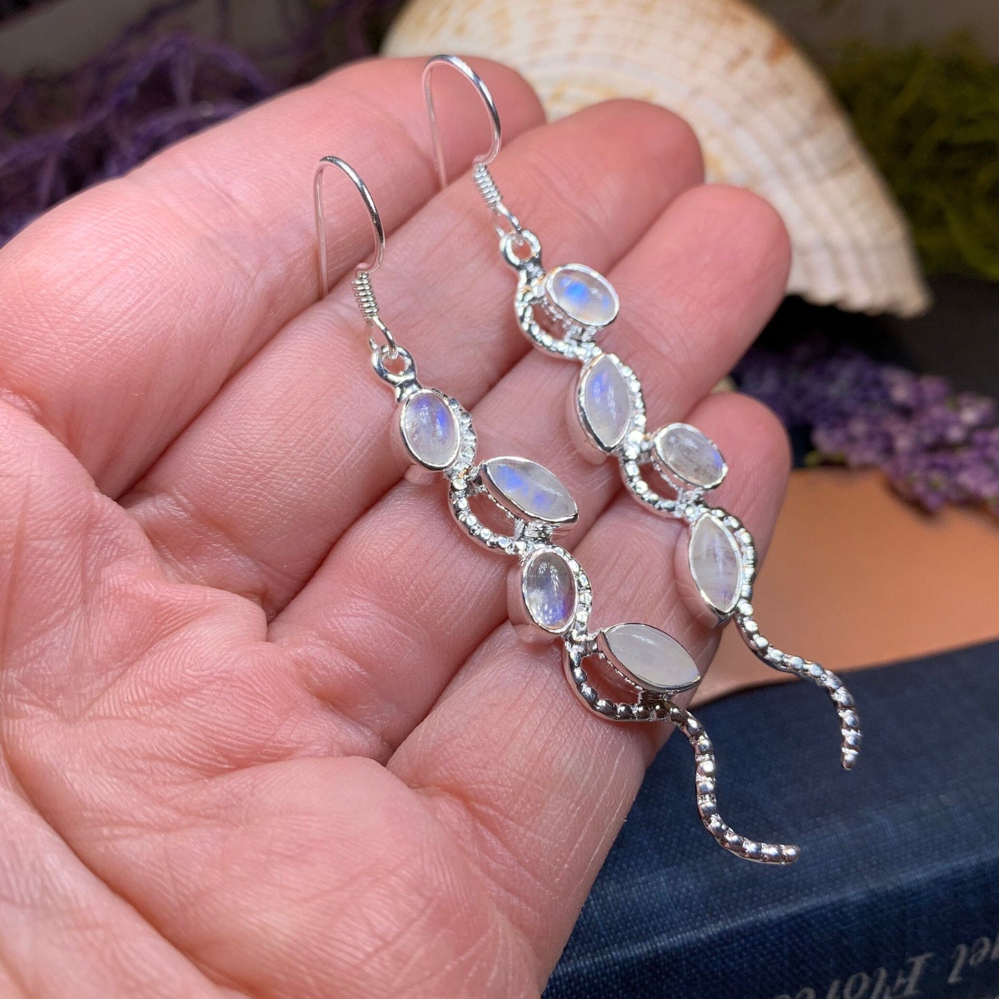 Moonstone Earrings, Moon Jewelry, Celtic Jewelry, Long Drop Earrings, Anniversary Gift, Mom Gift, Wiccan Jewelry, June Birthstone, Silver