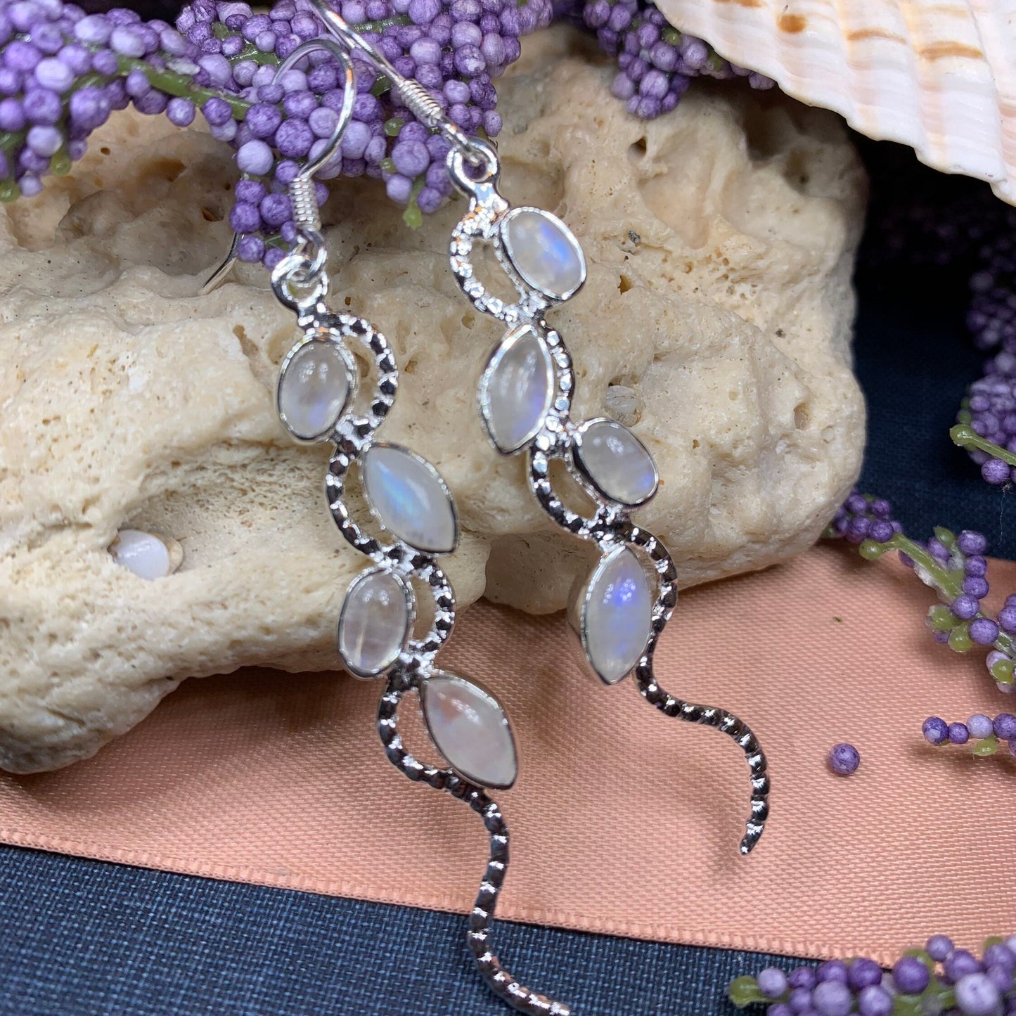 Moonstone Earrings, Moon Jewelry, Celtic Jewelry, Long Drop Earrings, Anniversary Gift, Mom Gift, Wiccan Jewelry, June Birthstone, Silver