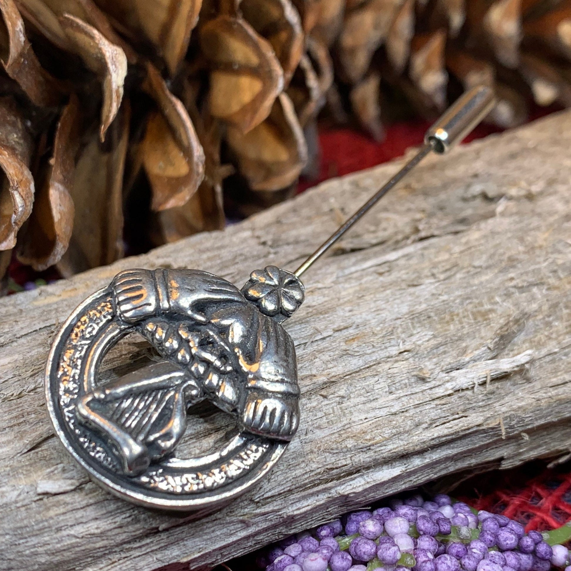 Claddagh Stick Pin, Irish Jewelry, Celtic Harp Pin, Ireland Jewelry, Groom Gift, Mens Lapel Pin, Wedding Jewelry, Tie Tac Pin, Irish Brooch