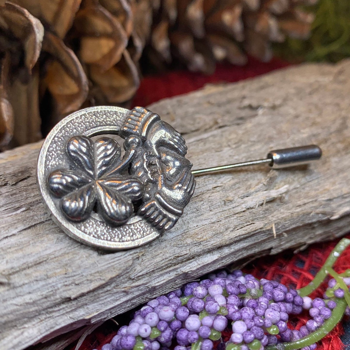 Claddagh Stick Pin, Irish Jewelry, Celtic Lapel Pin, Shamrock Pin, Clover Jewelry, Groom Gift, Ireland Gift, Wedding Jewelry, Tie Tac Pin