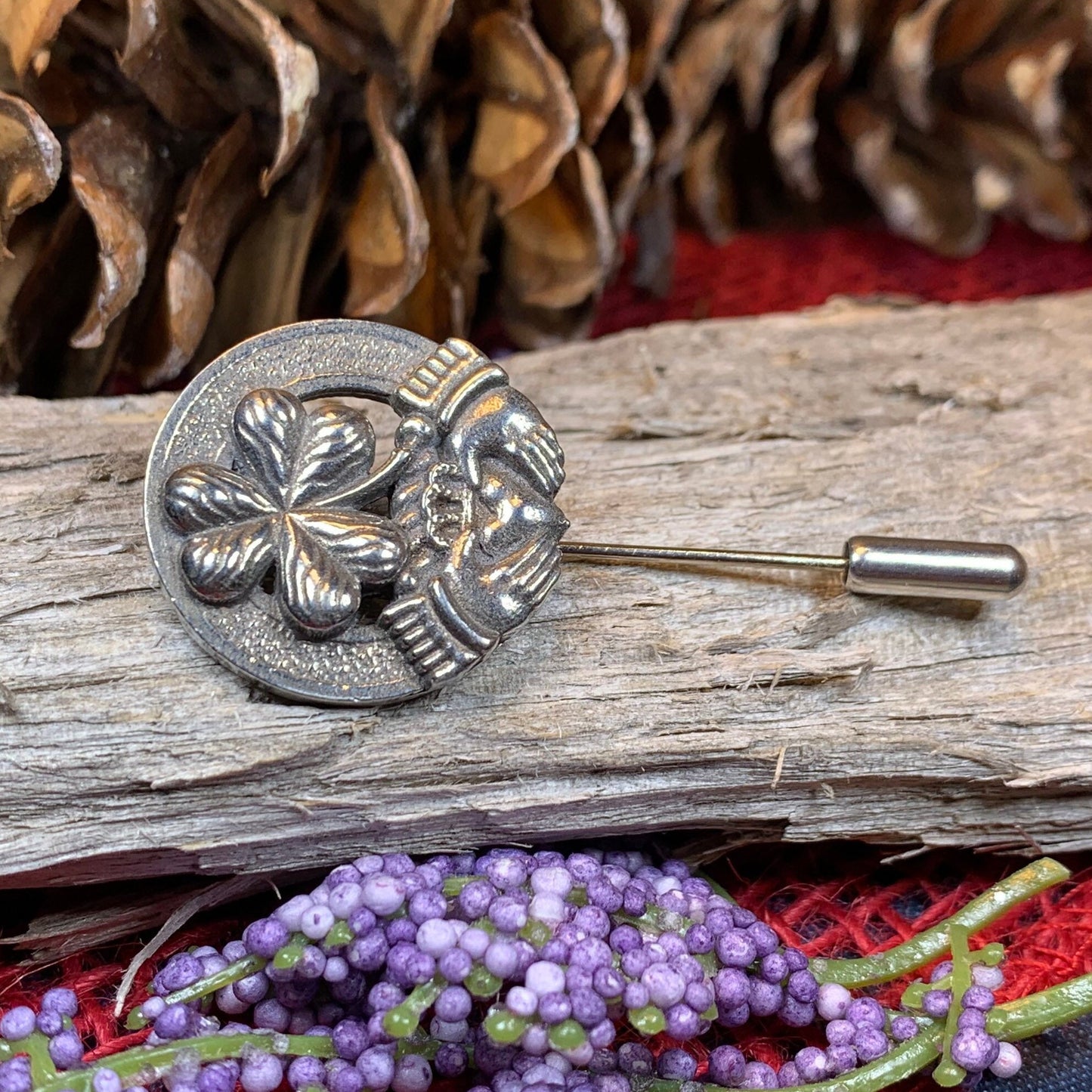 Claddagh Stick Pin, Irish Jewelry, Celtic Lapel Pin, Shamrock Pin, Clover Jewelry, Groom Gift, Ireland Gift, Wedding Jewelry, Tie Tac Pin