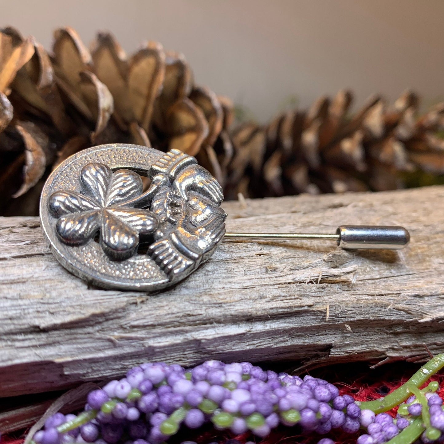 Claddagh Stick Pin, Irish Jewelry, Celtic Lapel Pin, Shamrock Pin, Clover Jewelry, Groom Gift, Ireland Gift, Wedding Jewelry, Tie Tac Pin