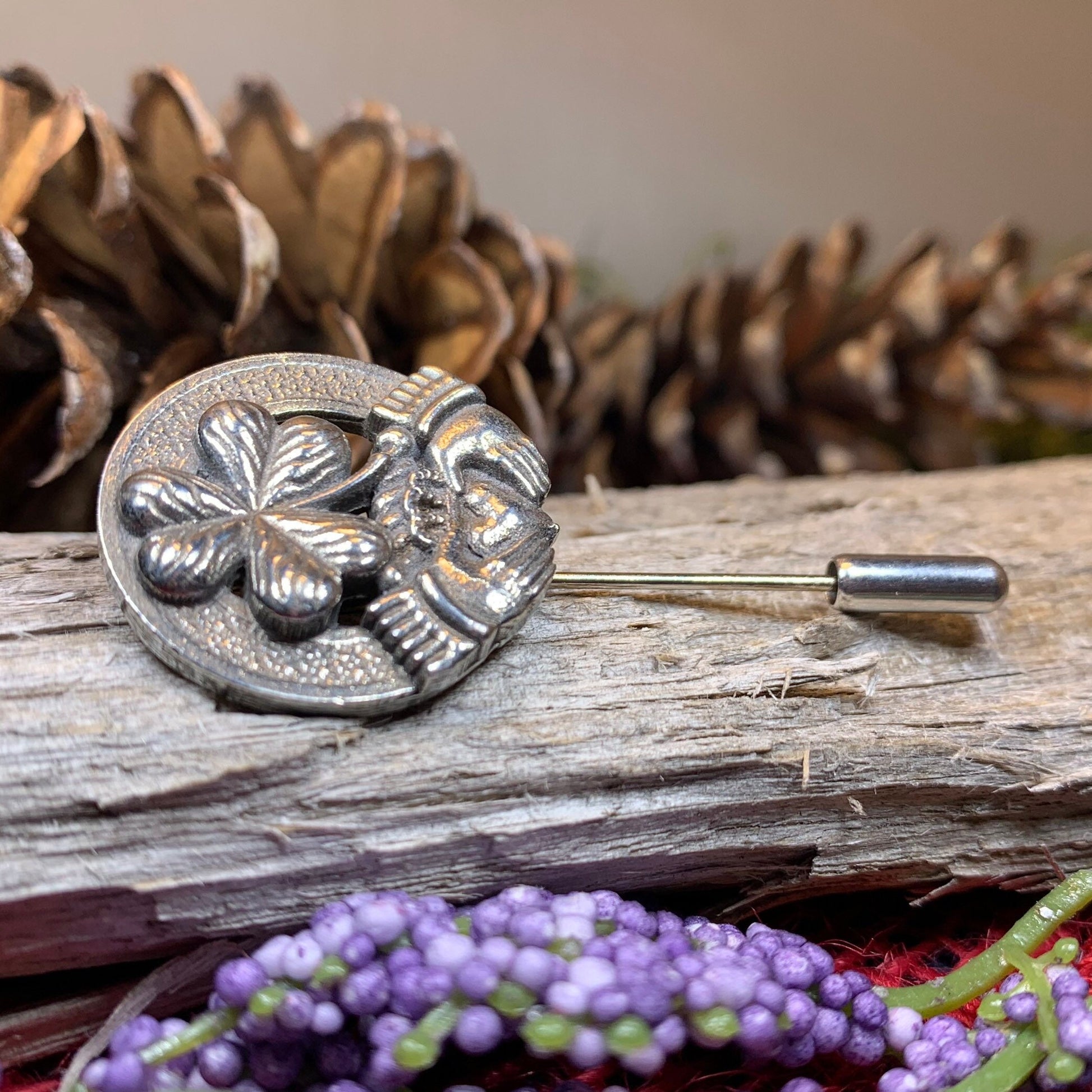 Claddagh Stick Pin, Irish Jewelry, Celtic Lapel Pin, Shamrock Pin, Clover Jewelry, Groom Gift, Ireland Gift, Wedding Jewelry, Tie Tac Pin