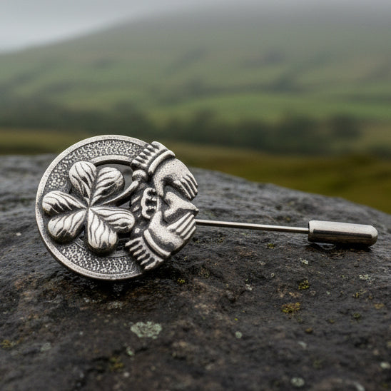Claddagh Stick Pin, Irish Jewelry, Celtic Lapel Pin, Shamrock Pin, Clover Jewelry, Groom Gift, Ireland Gift, Wedding Jewelry, Tie Tac Pin