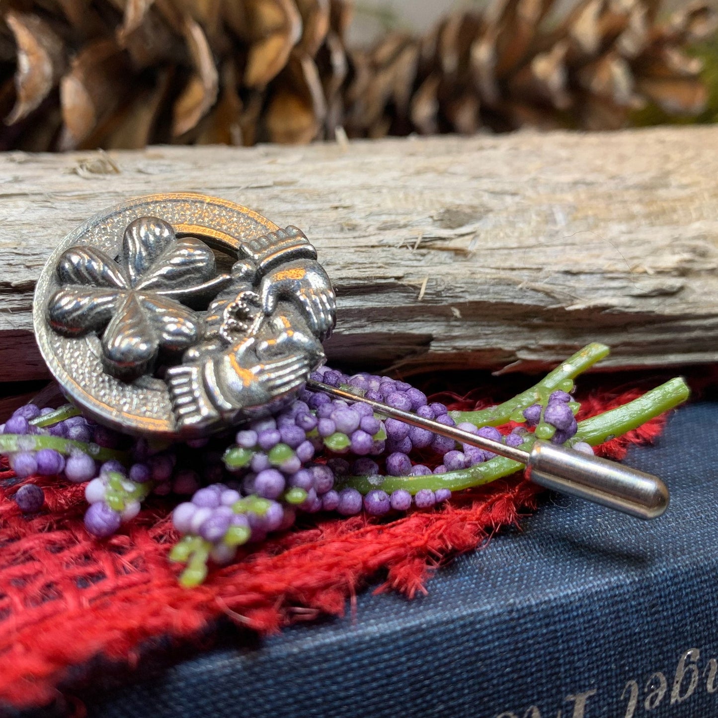 Claddagh Stick Pin, Irish Jewelry, Celtic Lapel Pin, Shamrock Pin, Clover Jewelry, Groom Gift, Ireland Gift, Wedding Jewelry, Tie Tac Pin