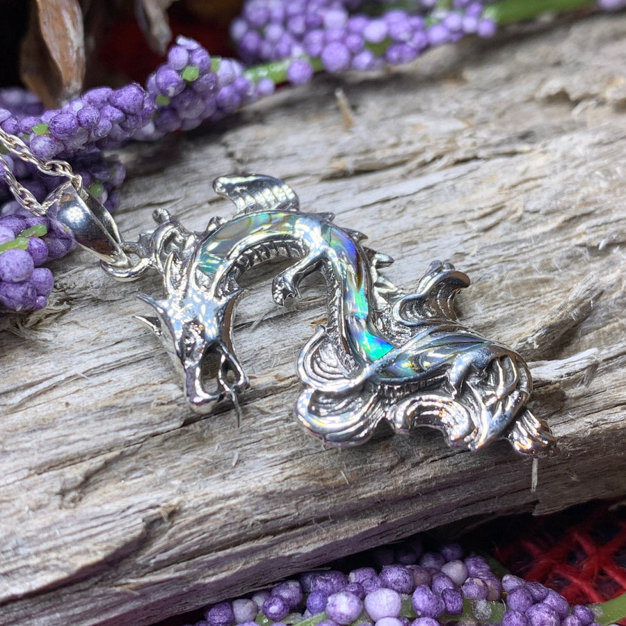 Dragon Necklace, Celtic Jewelry, Abalone Jewelry, Celtic Knot Necklace, Wiccan Jewelry, Celtic Dragon Pendant, Pagan Jewelry, Gothic Jewerly