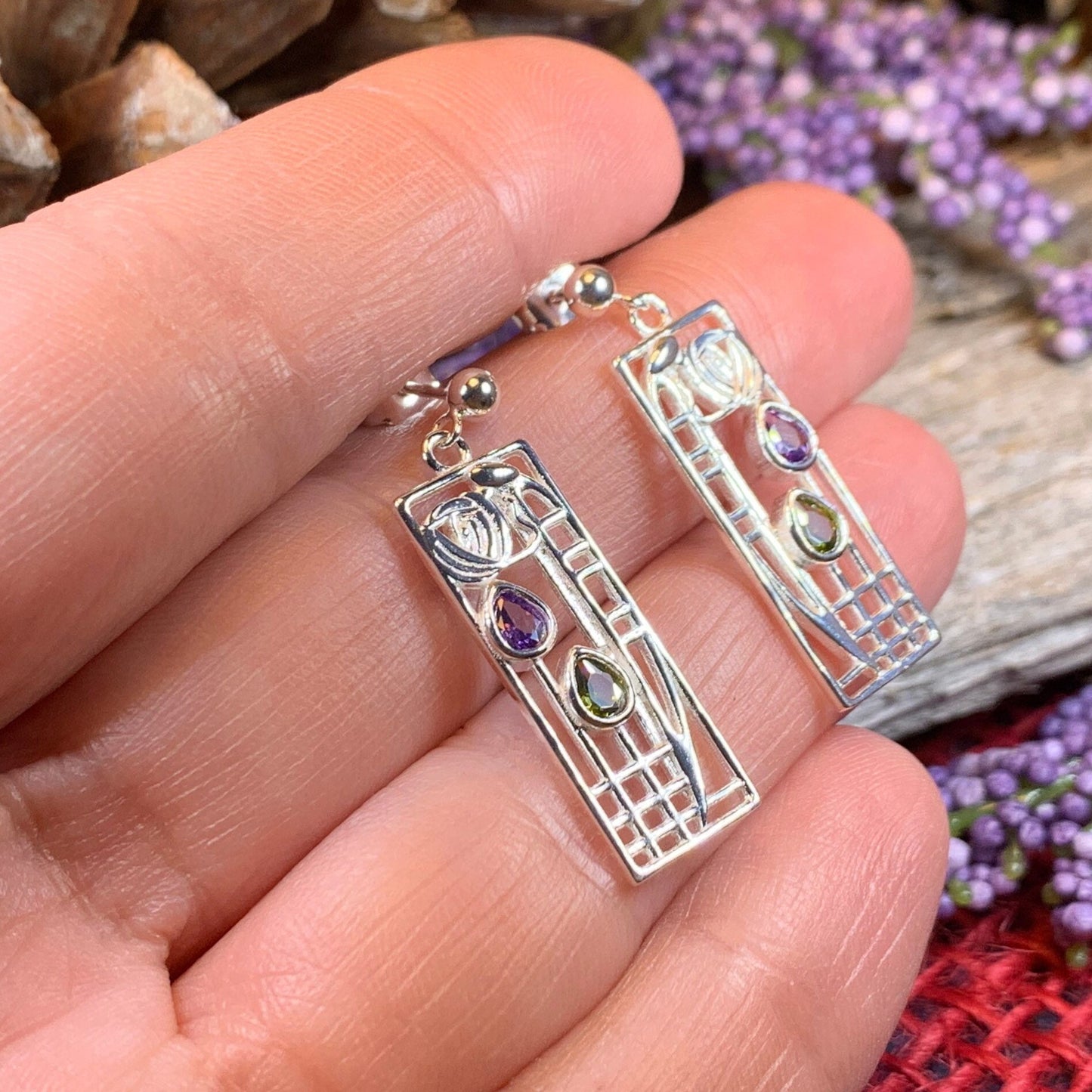Mackintosh Earrings, Scotland Jewelry, Scottish Jewelry, Art Deco Jewelry, Anniversary Gift, Flower Earrings, Nature Jewelry, Peridot Gift