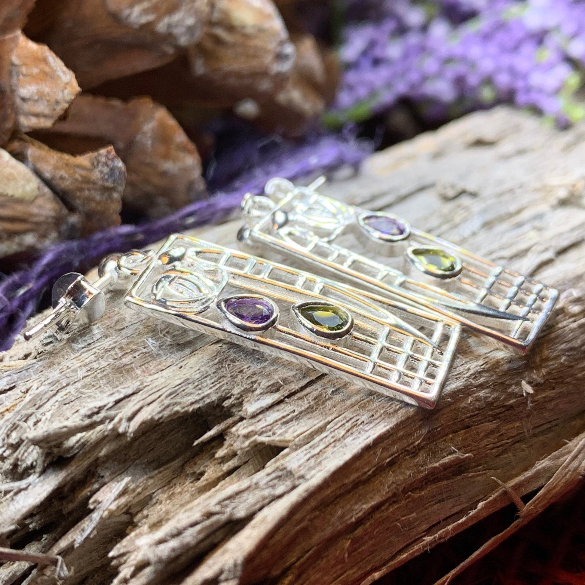 Mackintosh Earrings, Scotland Jewelry, Scottish Jewelry, Art Deco Jewelry, Anniversary Gift, Flower Earrings, Nature Jewelry, Peridot Gift