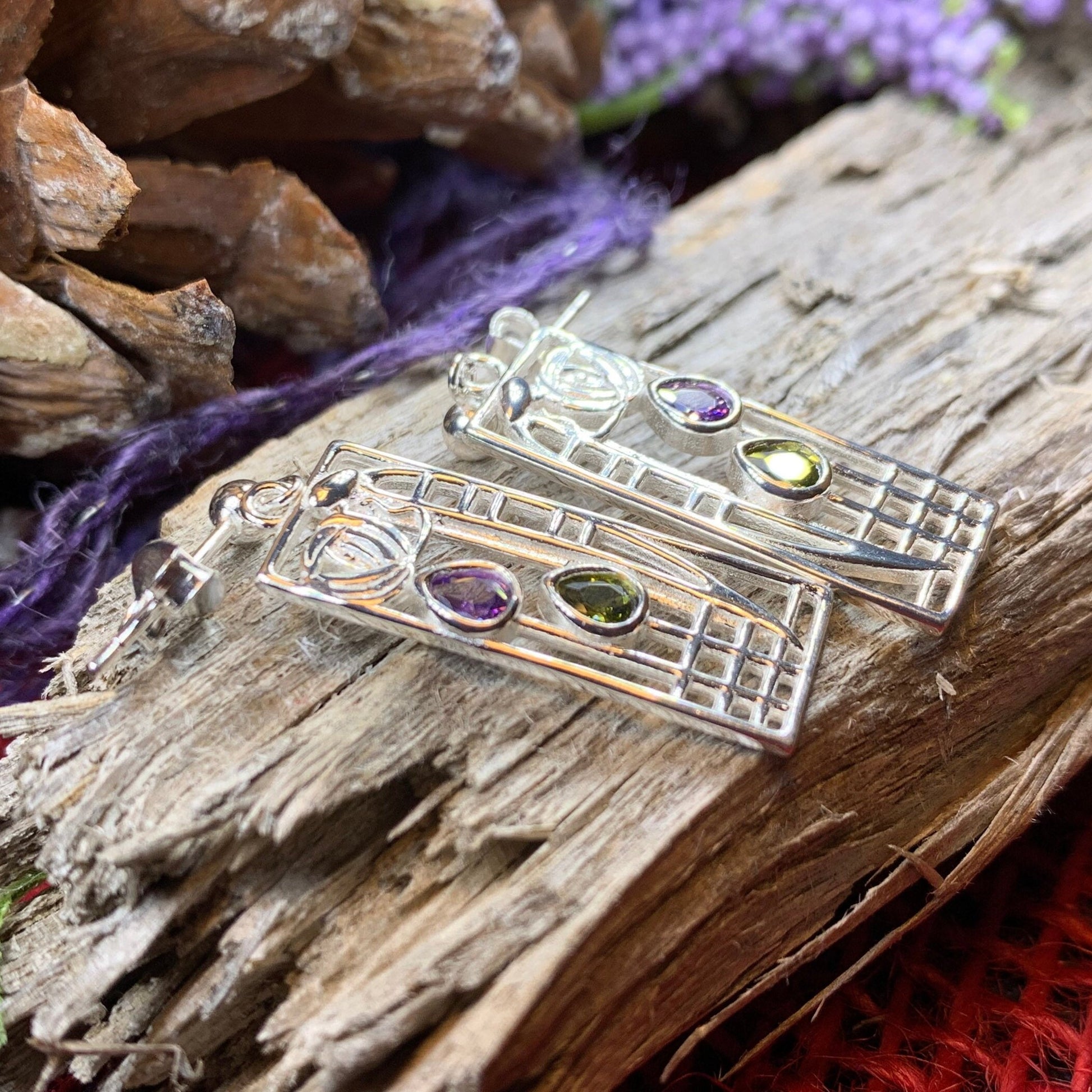 Mackintosh Earrings, Scotland Jewelry, Scottish Jewelry, Art Deco Jewelry, Anniversary Gift, Flower Earrings, Nature Jewelry, Peridot Gift