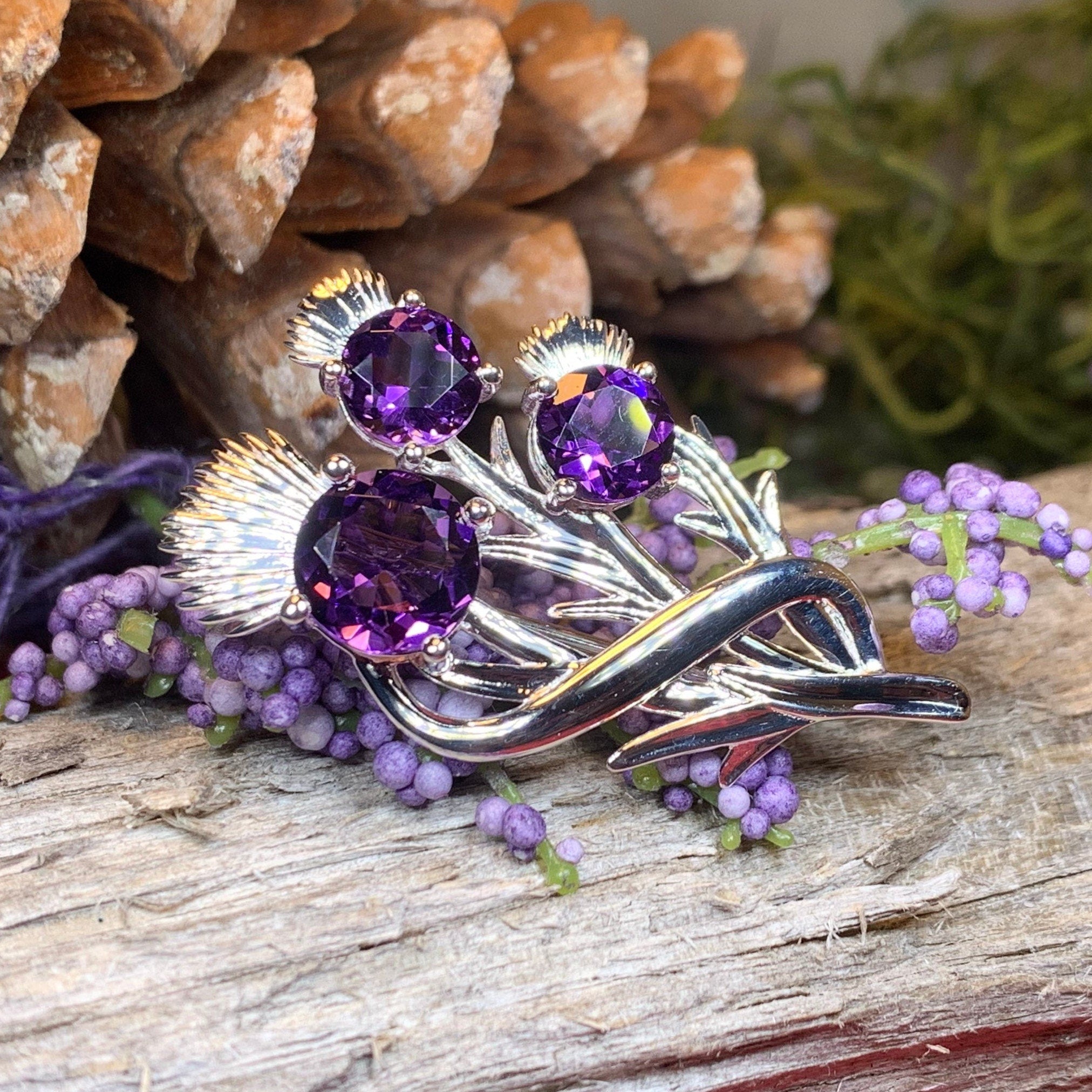 Scottish Sterling Silver Amethyst Thistle Brooch - Purple Gemstone Pin