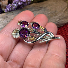 Load image into Gallery viewer, Thistle Brooch, Scotland Jewelry, Outlander Jewelry, Bridal Brooch, Thistle Jewelry, Scottish Jewelry, Celtic Brooch, Amethyst Silver Pin
