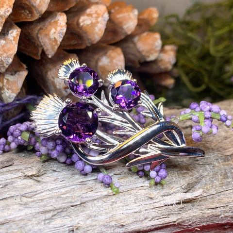 Load image into Gallery viewer, Thistle Brooch, Scotland Jewelry, Outlander Jewelry, Bridal Brooch, Thistle Jewelry, Scottish Jewelry, Celtic Brooch, Amethyst Silver Pin
