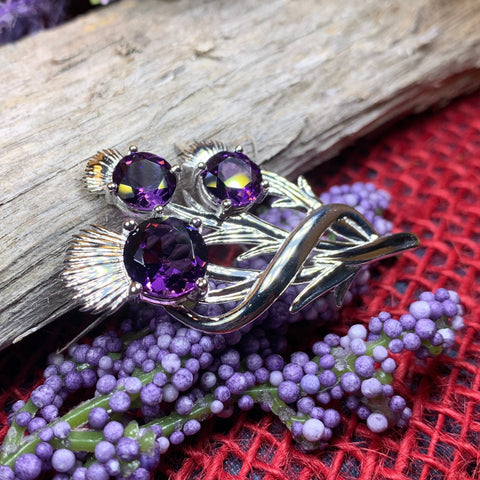 Load image into Gallery viewer, Thistle Brooch, Scotland Jewelry, Outlander Jewelry, Bridal Brooch, Thistle Jewelry, Scottish Jewelry, Celtic Brooch, Amethyst Silver Pin
