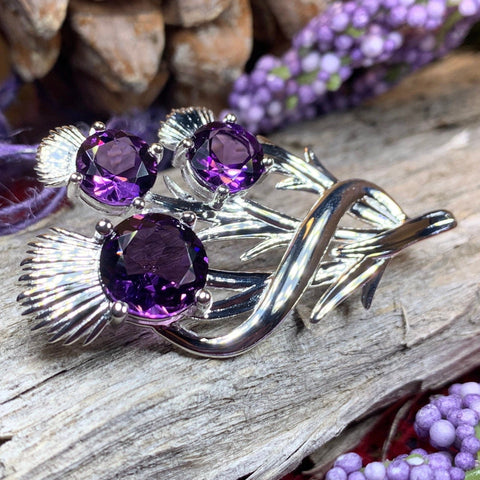 Load image into Gallery viewer, Thistle Brooch, Scotland Jewelry, Outlander Jewelry, Bridal Brooch, Thistle Jewelry, Scottish Jewelry, Celtic Brooch, Amethyst Silver Pin
