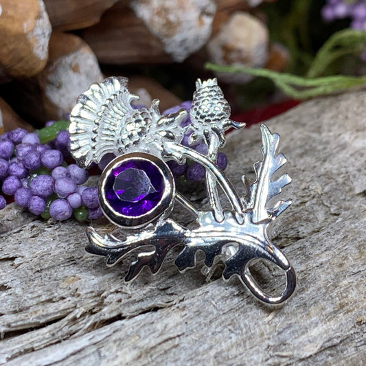 Thistle Brooch, Scotland Jewelry, Outlander Jewelry, Bridal Brooch, Thistle Jewelry, Scottish Jewelry, Celtic Brooch, Amethyst Silver Pin