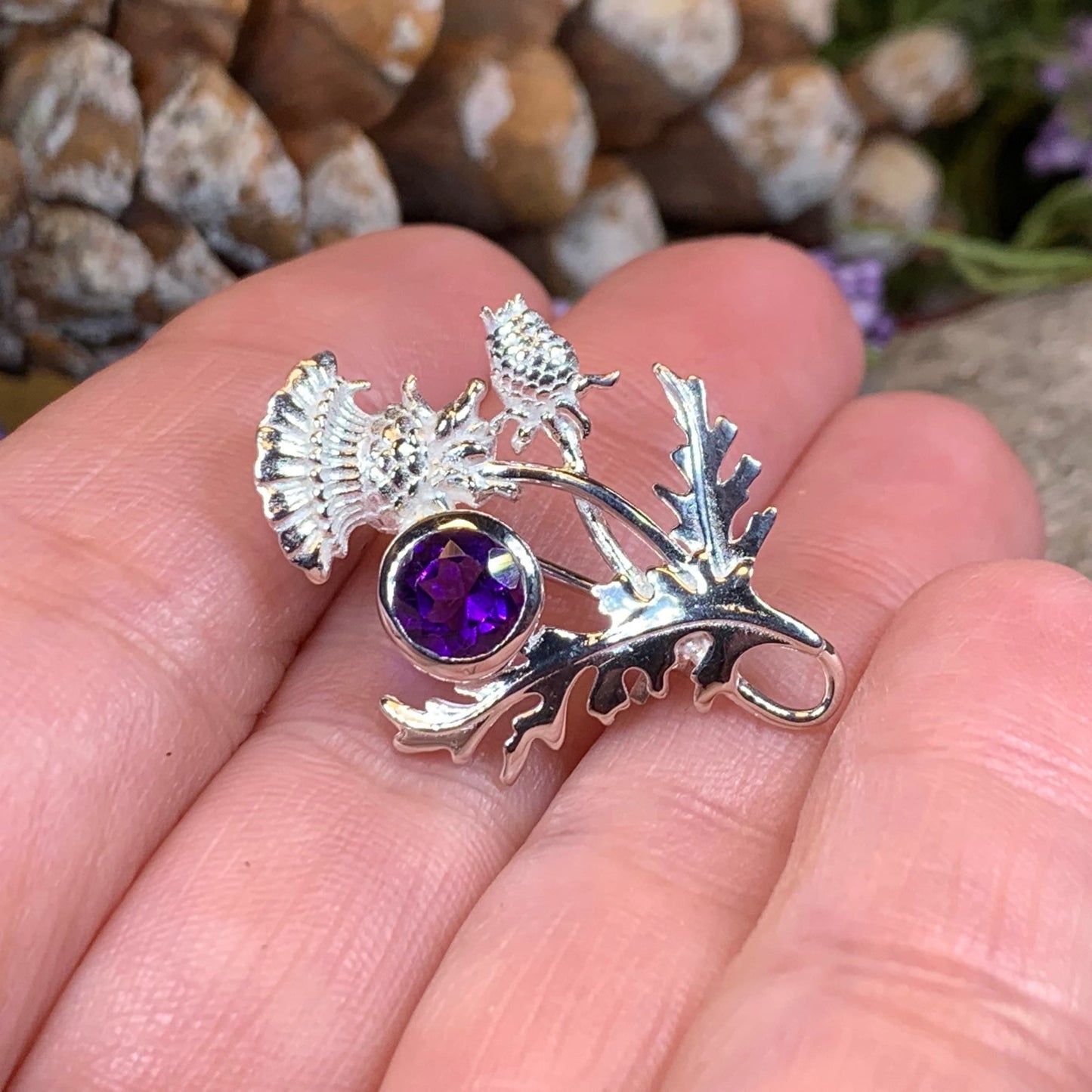 Thistle Brooch, Scotland Jewelry, Outlander Jewelry, Bridal Brooch, Thistle Jewelry, Scottish Jewelry, Celtic Brooch, Amethyst Silver Pin