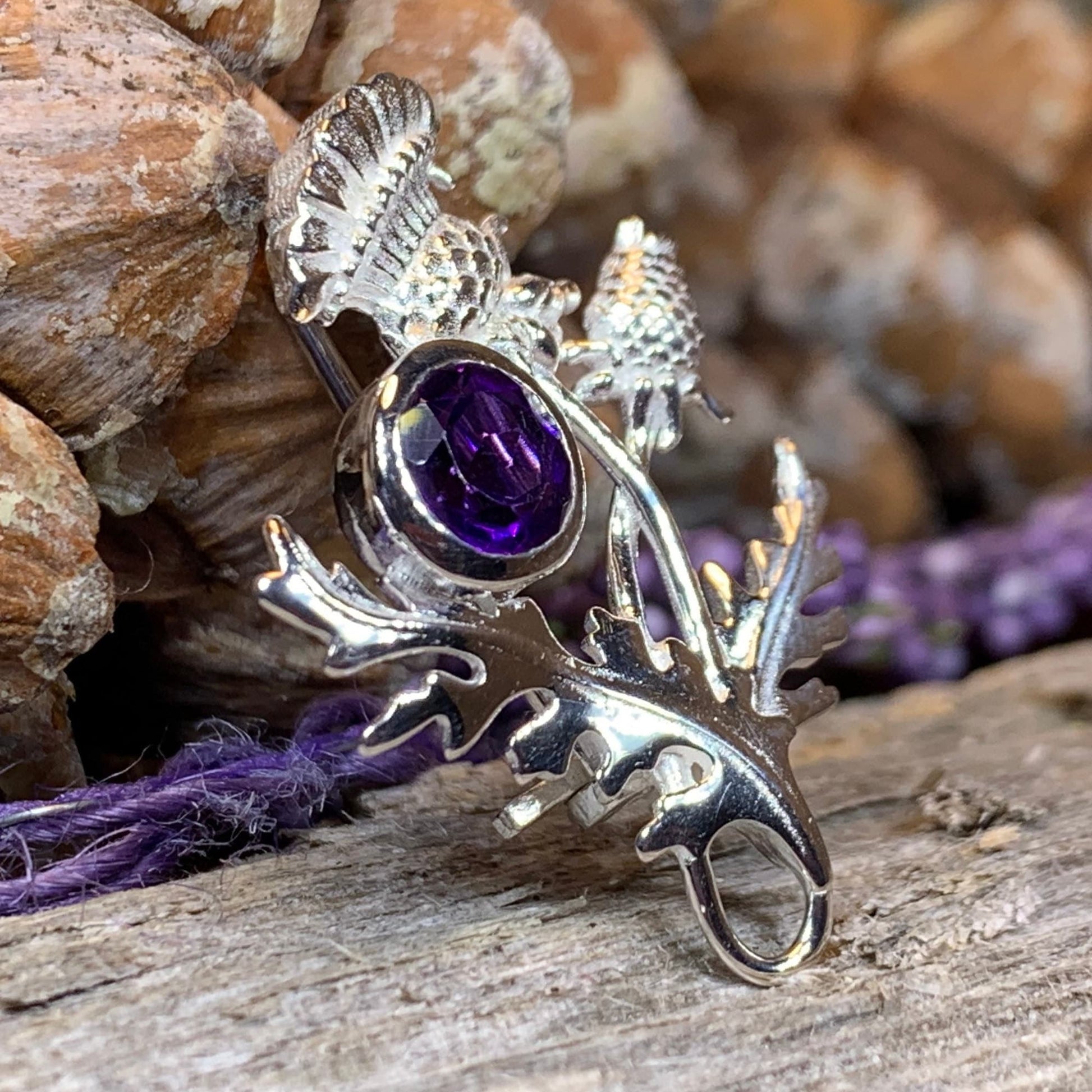 Thistle Brooch, Scotland Jewelry, Outlander Jewelry, Bridal Brooch, Thistle Jewelry, Scottish Jewelry, Celtic Brooch, Amethyst Silver Pin