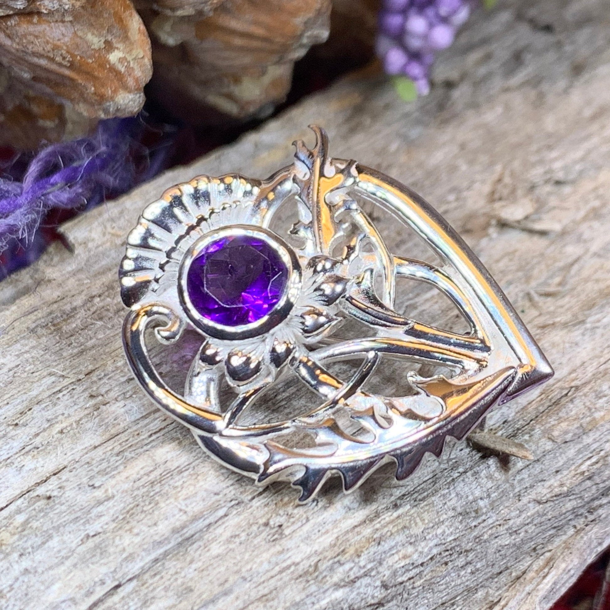 Thistle Brooch, Scotland Jewelry, Outlander Jewelry, Bridal Brooch, Thistle Jewelry, Scottish Jewelry, Celtic Brooch, Amethyst Silver Pin