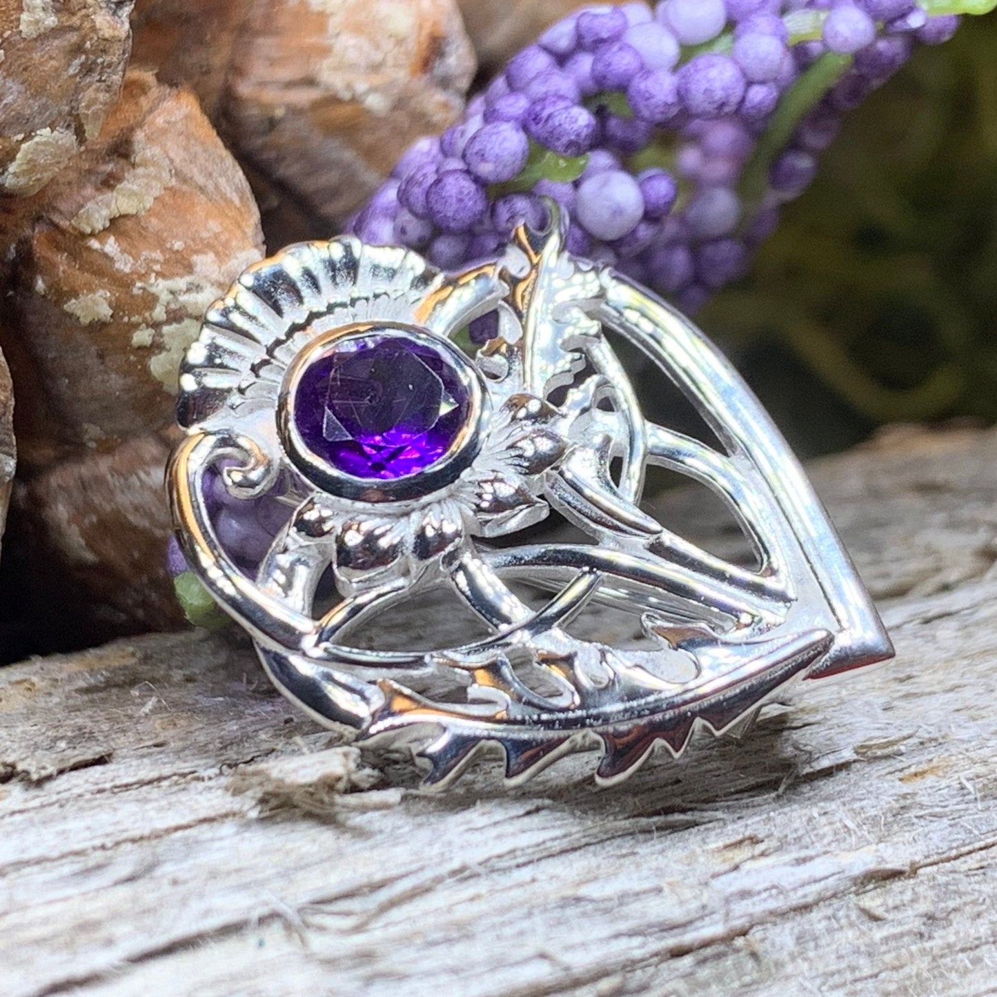 Thistle Brooch, Scotland Jewelry, Outlander Jewelry, Bridal Brooch, Thistle Jewelry, Scottish Jewelry, Celtic Brooch, Amethyst Silver Pin