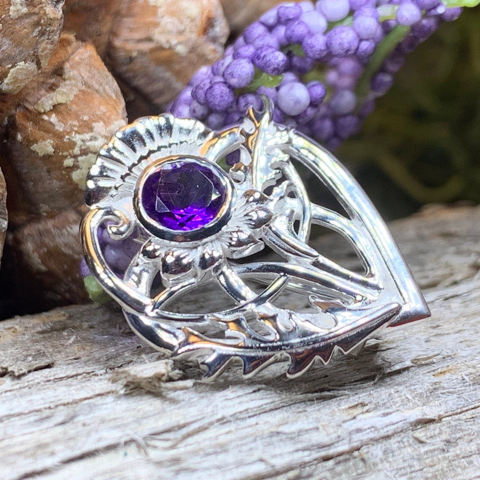 Thistle Brooch, Scotland Jewelry, Outlander Jewelry, Bridal Brooch, Thistle Jewelry, Scottish Jewelry, Celtic Brooch, Amethyst Silver Pin