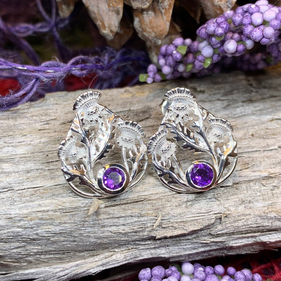 Thistle Earrings, Celtic Jewelry, Scotland Jewelry, Outlander Gift, Nature Jewelry, Thistle Jewelry, Amethyst Jewelry, Wife Gift, Mom Gift