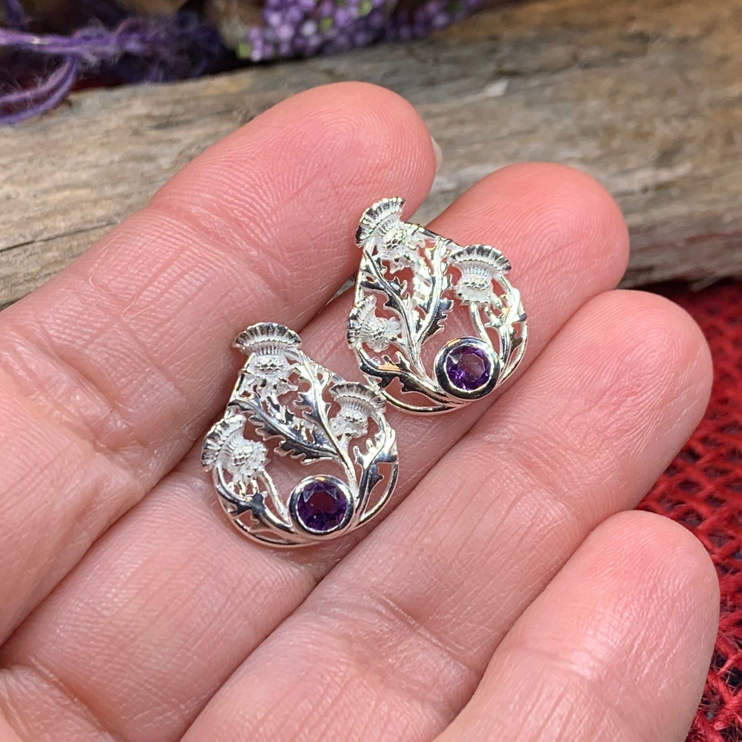 Thistle Earrings, Celtic Jewelry, Scotland Jewelry, Outlander Gift, Nature Jewelry, Thistle Jewelry, Amethyst Jewelry, Wife Gift, Mom Gift