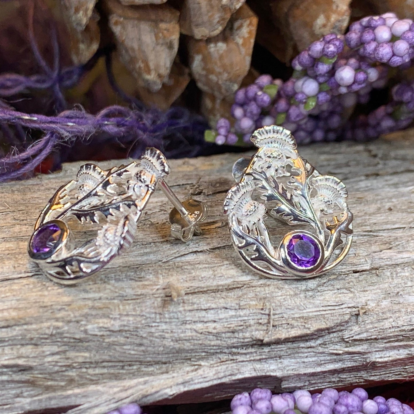 Thistle Earrings, Celtic Jewelry, Scotland Jewelry, Outlander Gift, Nature Jewelry, Thistle Jewelry, Amethyst Jewelry, Wife Gift, Mom Gift