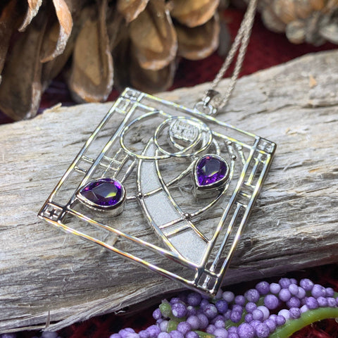 Load image into Gallery viewer, Mackintosh Necklace, Scottish Jewelry, Amethyst Pendant, Celtic Jewelry, Art Deco Pendant, Anniversary Gift, Scotland Necklace, Wife Gift
