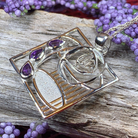 Load image into Gallery viewer, Mackintosh Necklace, Scottish Jewelry, Amethyst Pendant, Celtic Jewelry, Art Deco Pendant, Anniversary Gift, Scotland Necklace, Wife Gift

