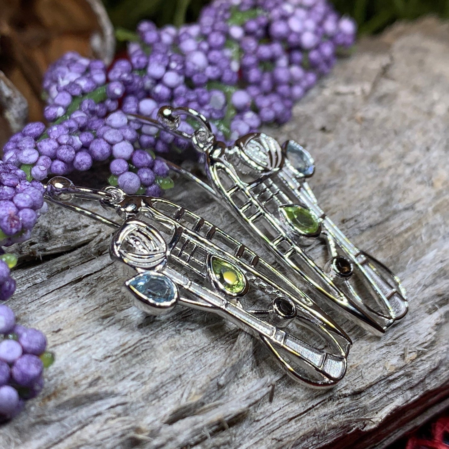 Mackintosh Earrings, Scotland Jewelry, Scottish Jewelry, Art Deco Jewelry, Anniversary Gift, Flower Earrings, Nature Jewelry, Peridot Gift
