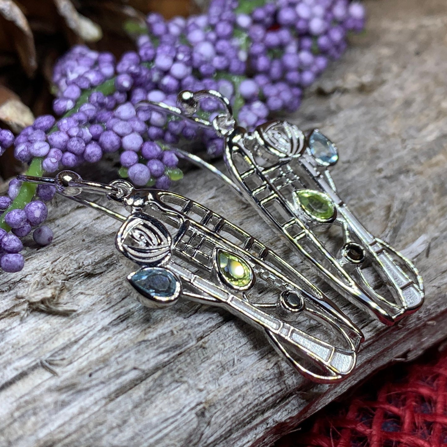 Mackintosh Earrings, Scotland Jewelry, Scottish Jewelry, Art Deco Jewelry, Anniversary Gift, Flower Earrings, Nature Jewelry, Peridot Gift